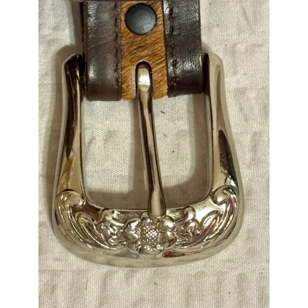 VTG Mexican Made XL Brown Hair on Hide Leather Belt With Studs and Rhinestones